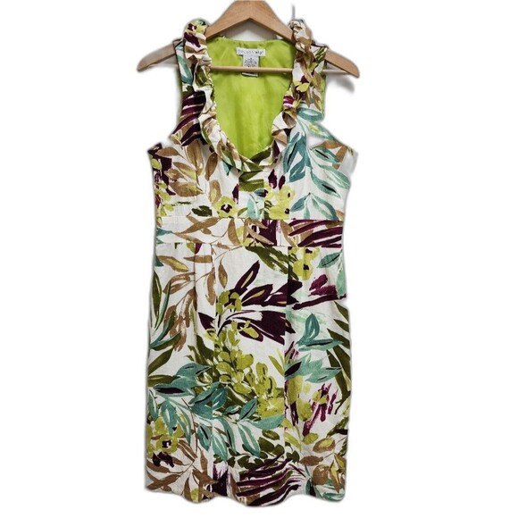 Madison Leigh Dress 12 Linen Blend Tropical Sleeveless Ruffled V Neck Side Zip - Picture 1 of 11